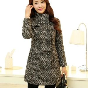 Women's Wool Blends Coats Turtleneck Plaid Slim Long Tweed Woolen Outerwear